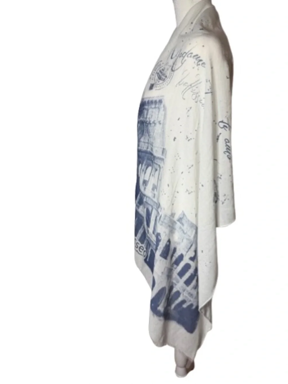 White & Blue Scarf, Shawl, Poncho Sheer Rome, Italy Theme with Fringe